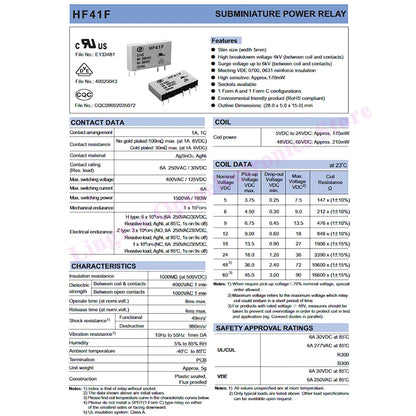 Relé Potencia HF41F-ZS/ZST/HS/HST 5-Pin 6A - Voltajes (5V/12V/24V DC) - Lote 5 Piezas