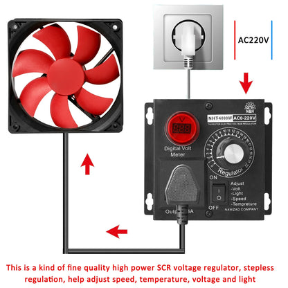 Regulador Voltaje AC 220V 4000W SCR Dimmer Ajustable Velocidad/Temperatura/Luz Compacto