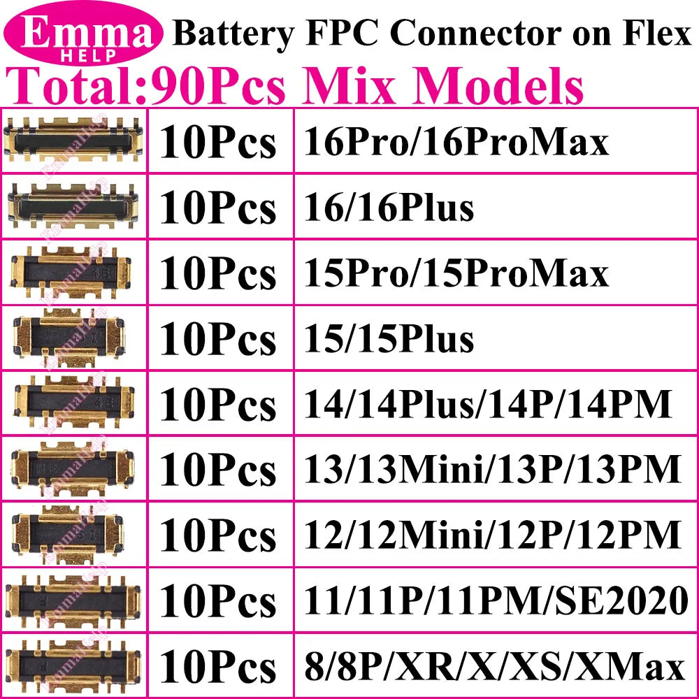 Conector FPC Batería Interno (Clip Placa) para iPhone 8/X/XS/XR/11/12/13/14/15/16 Pro Max/Plus (10 Unidades)