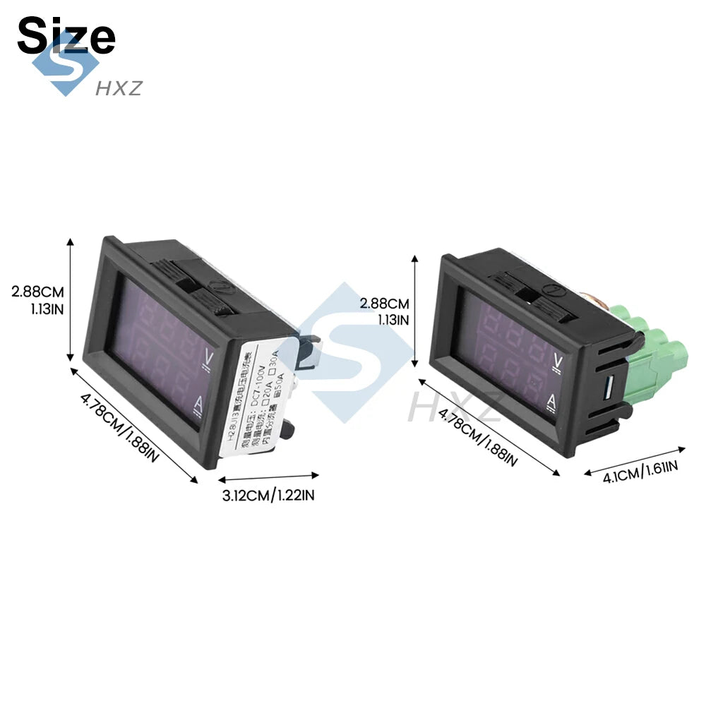 Voltímetro Amperímetro Digital DC (7-100V, 20A/50A Shunt Integrado) - Panel Display LED Dual 0.28"