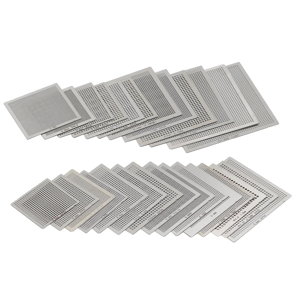 Set Plantillas Stencils BGA Universales (Calor Directo) para Reballing SMT/SMD (10/16/27 Piezas)