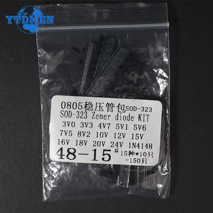 Kit Surtido Diodos Zener SMD (SOD-123/0805, SOD-323, 15 Valores: 3.3V-15V) - Pack 150 Piezas