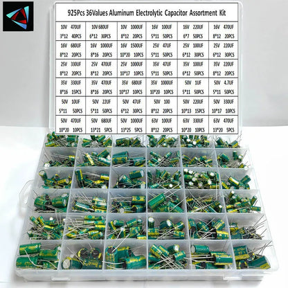 Kit Surtido Capacitor Electrolítico Aluminio Bajo ESR (1uF-470uF, 36 Valores) - Pack 925 Piezas