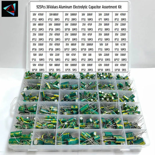 Kit Surtido Capacitor Electrolítico Aluminio Bajo ESR (1uF-470uF, 36 Valores) - Pack 925 Piezas