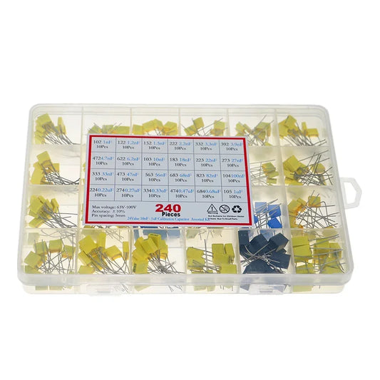 Kit Surtido Capacitor Corrección Película Polipropileno (1nF-1uF, 63V/100V, 24 Valores) - Pack 240 Piezas