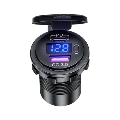 Cargador USB Auto/Camión PD 60W + QC 3.0 con Switch LED Voltímetro 12V/24V Carga Rápida