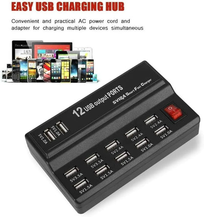 Estación Carga USB Escritorio 12 Puertos Hub Múltiple Adaptador para Teléfono Móvil/Dispositivos USB