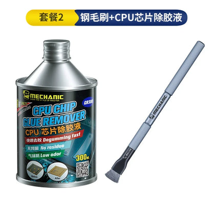 Líquido Removedor Pegamento CPU MECHANIC GR300 (300ml) con Cepillo Limpieza para IC (Inmersión 20 min) Herramienta Reparación Teléfono