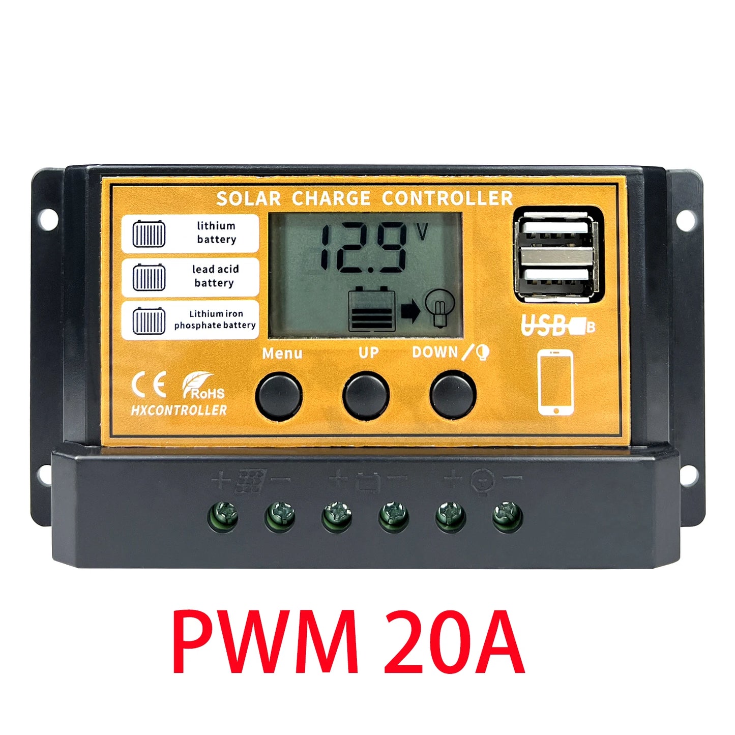 Controlador Carga Solar PWM 10A/20A/30A 12V/24V Regulador Carga PV LCD para Batería LiFePO4/Litio/Gel
