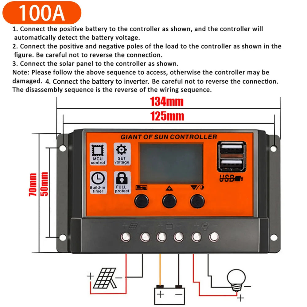 Controlador Carga Solar PWM 30A/60A/100A Auto Dual USB LCD Display 5V Regulador Batería Panel