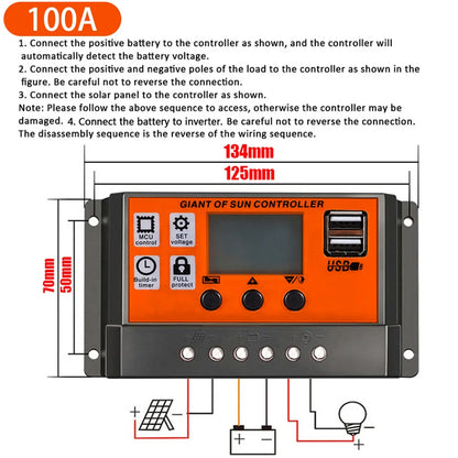 Controlador Carga Solar PWM 30A/60A/100A Auto Dual USB LCD Display 5V Regulador Batería Panel