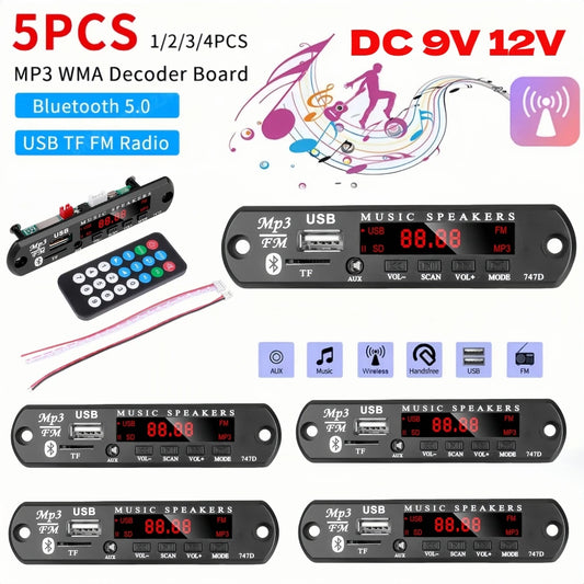 Módulo Decodificador MP3/WMA (9V/12V, Bluetooth 5.0) Reproductor Música Inalámbrico Lossless USB/AUX/TF/Radio FM con Control Remoto (1-5 Unidades)