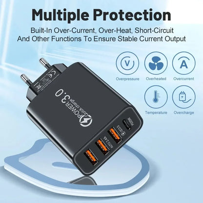 Cargador Pared Múltiple 4 Puertos USB (Total 60W) Carga Rápida PD Tipo C Adaptador Móvil para Xiaomi/iPhone 14/15/Samsung S24