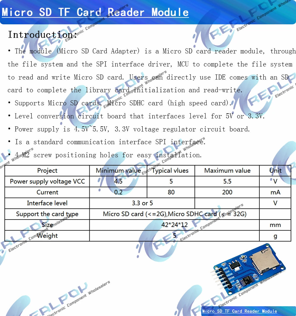 Módulo Lector Tarjetas Micro SD/Mini TF Shield con Interfaz SPI para Placa Expansión Arduino DIY Kit
