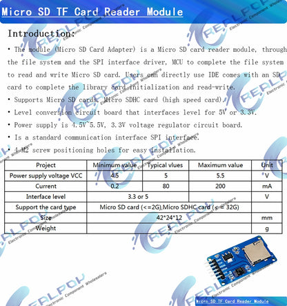 Módulo Lector Tarjetas Micro SD/Mini TF Shield con Interfaz SPI para Placa Expansión Arduino DIY Kit