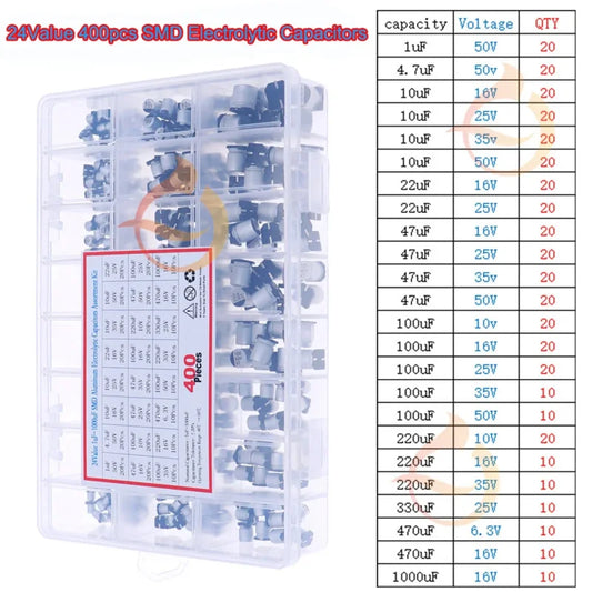 Kit Surtido Capacitor Electrolítico Aluminio SMD en Caja (1uF-1000uF, 10V-50V, 24 Valores) - Pack 400 Piezas