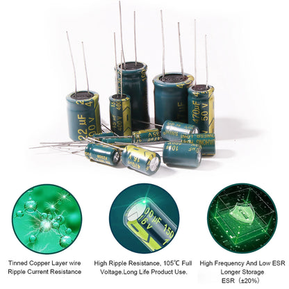 Kit Surtido Capacitores Electrolíticos Alta Frecuencia (10V-400V, 10uF-1000uF)