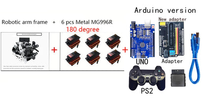 Kit Brazo Robot Mecánico Aleación Metálica 6-DOF (360°, para MG996R) Arduino Robótica Educacional Programable PS2