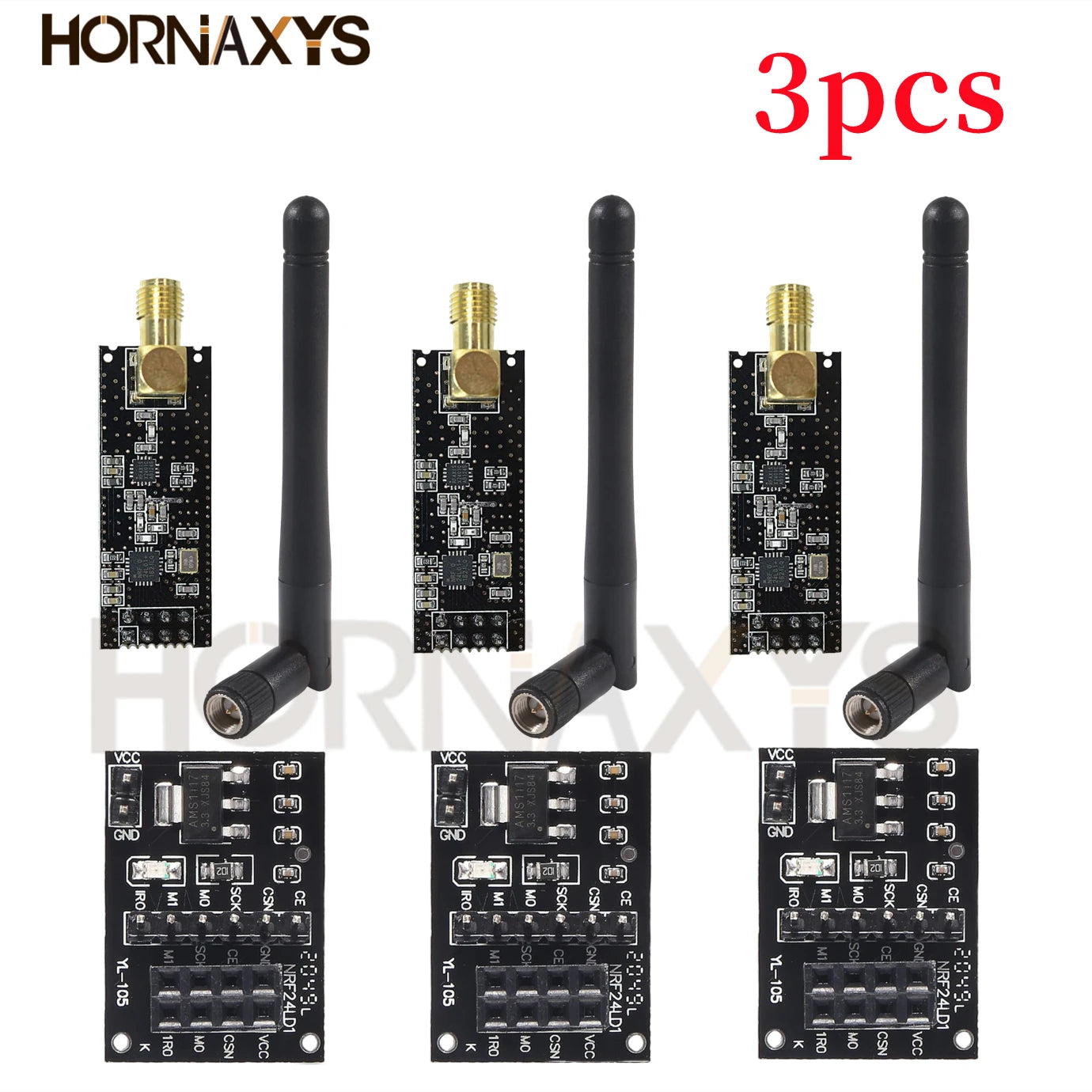 Módulo Transceptor RF Inalámbrico NRF24L01+PA+LNA (2.4G, 1100m) con Antena y Adaptador Breakout 3.3V (5 Unidades)