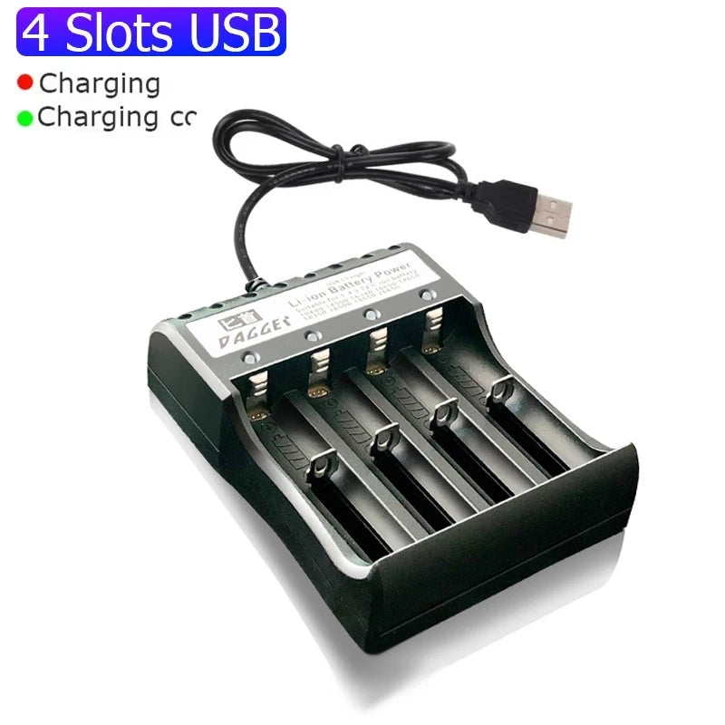 Cargador USB Baterías Litio Recargables 18650 (1/2/4 Ranuras, 3.7V) para 16340/14500/18650