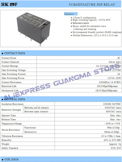 Relé HK19F 8-Pin 2A DPDT - Varios Voltajes Bobina (3V a 24V DC) - Lote 1 Pieza