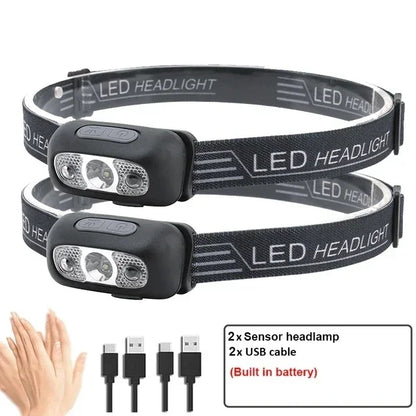 Linterna Frontal LED Portátil Luz Fuerte con Sensor (Recargable USB) para Camping Exterior/Pesca/Emergencia