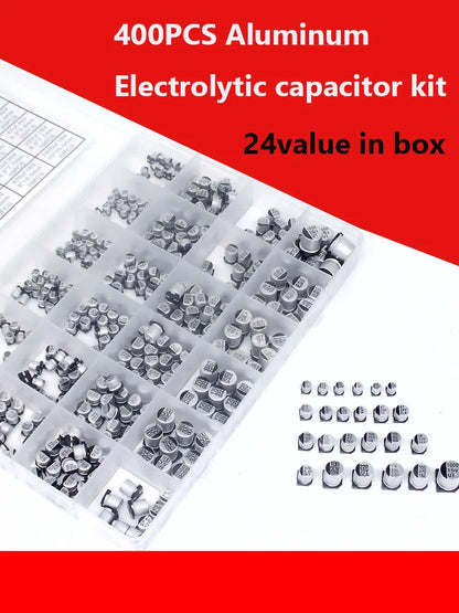 Kit Surtido Capacitores Electrolíticos SMD Aluminio (1uF-1000uF, 6.3V-50V, 24 Valores) con Caja Reparación (400 Piezas)