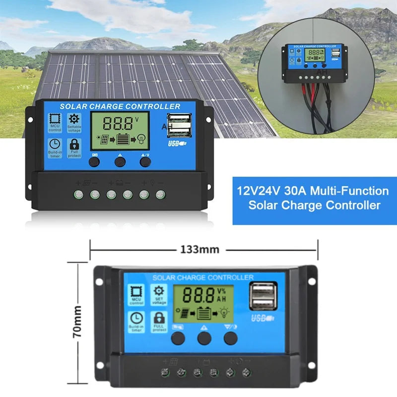 Controlador Carga Solar PWM 10A 12V/24V Control Luz/Tiempo Auto Dual USB LCD
