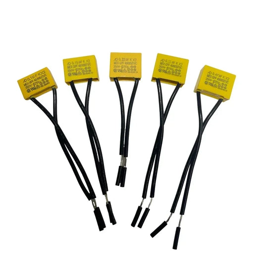 Capacitor Seguridad X2 (0.1uF-0.47uF, 275V AC) con Cable Flexible - Pack 5 Unidades (Valores Surtidos)