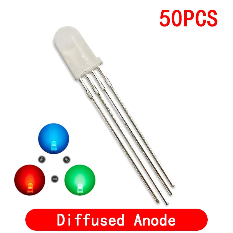 Diodo LED RGB 5mm Full Color Transparente 4 Pines (Cátodo/Ánodo Común) Luz Brillante Colorida (50 Unidades)