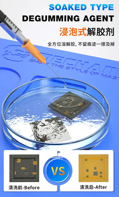 Líquido Removedor Pegamento CPU MECHANIC GR300 (300ml) con Cepillo Limpieza para IC (Inmersión 20 min) Herramienta Reparación Teléfono