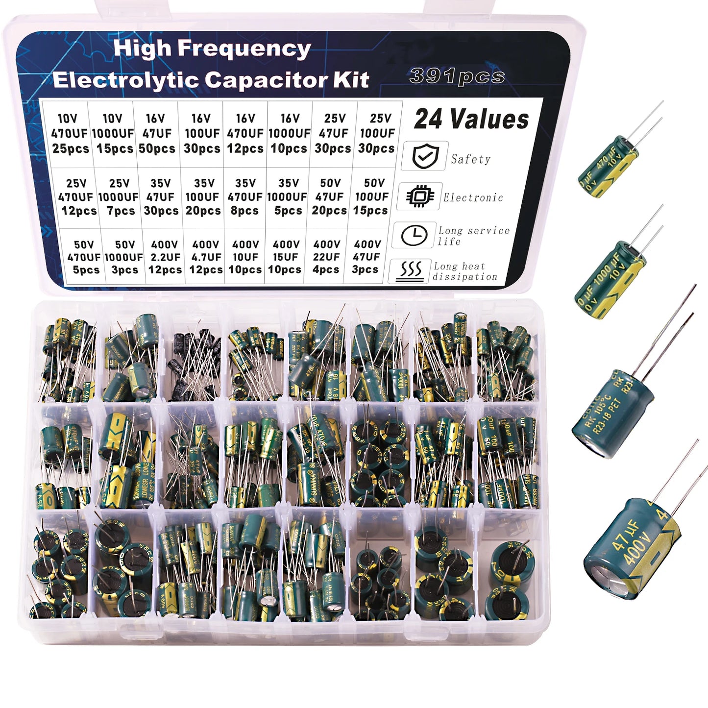 Kit Surtido Capacitores Electrolíticos Alta Frecuencia (10V-400V, 10uF-1000uF)
