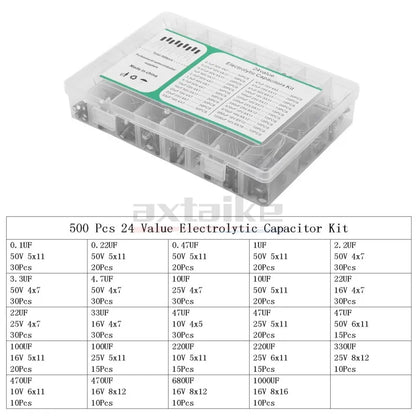 Kit Surtido Capacitor Electrolítico Aluminio (0.1uF-1000uF, 16V/25V/50V) con Caja - Pack 120/200/500 Piezas