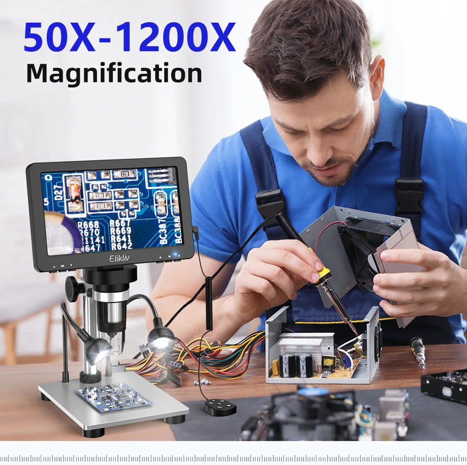 Elikliv DM9 7 Inch 50X-1200X Digital Microscope Adjustable HD LCD Video Microscops Camera For PCB Electronics Soldering Tool