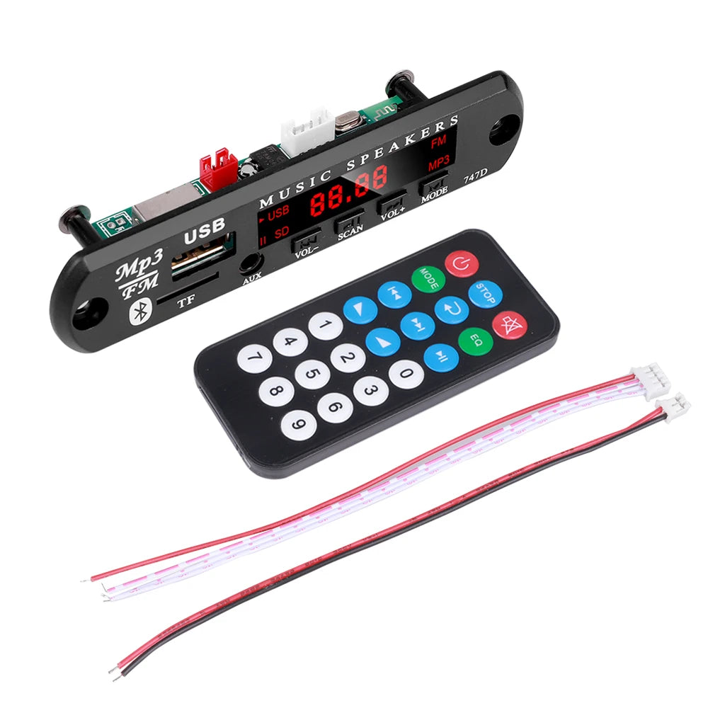 Módulo Decodificador MP3/WMA (9V/12V, Bluetooth 5.0) Reproductor Música Inalámbrico Lossless USB/AUX/TF/Radio FM con Control Remoto (1-5 Unidades)