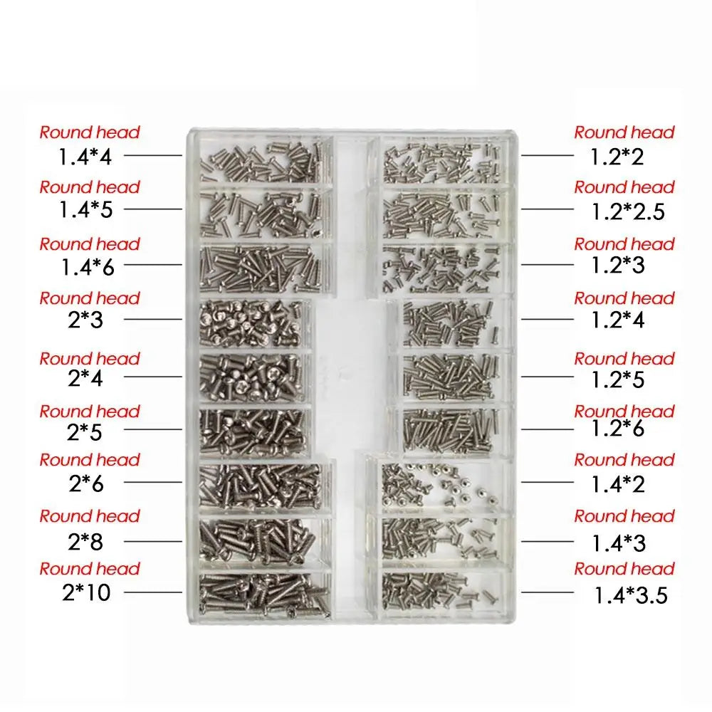 Set Mini Tornillos Acero Inoxidable 18 Tamaños para Reloj/Gafas/Electrónica Accesorio Reparación (500 Piezas)