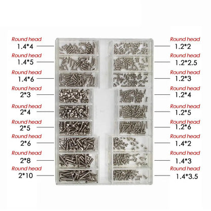 Set Mini Tornillos Acero Inoxidable 18 Tamaños para Reloj/Gafas/Electrónica Accesorio Reparación (500 Piezas)
