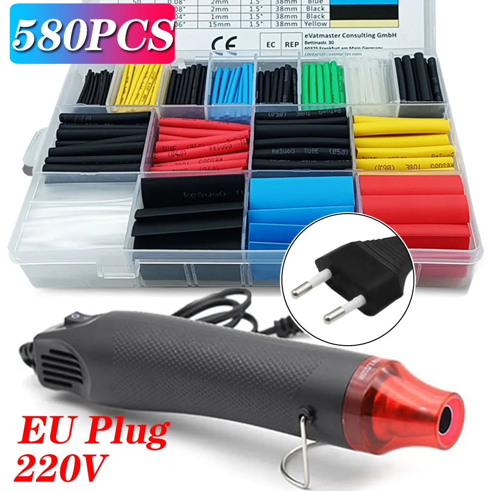 Kit Tubo Termoretráctil 2:1 Envoltura Cable Aislante Protección Conexión (127/530/580 Piezas) (Opción Pistola Aire Caliente)