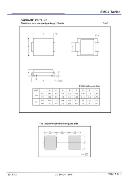 Diodo TVS Unidireccional SMD SMCJ - Varios Voltajes (200A a 440A) SMC/DO-214AB - Lote 20 Piezas