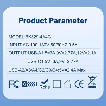 Cargador Pared USB Tipo C Múltiple 8 Puertos Alta Velocidad Carga Rápida PD para iPhone 15/Xiaomi/Huawei