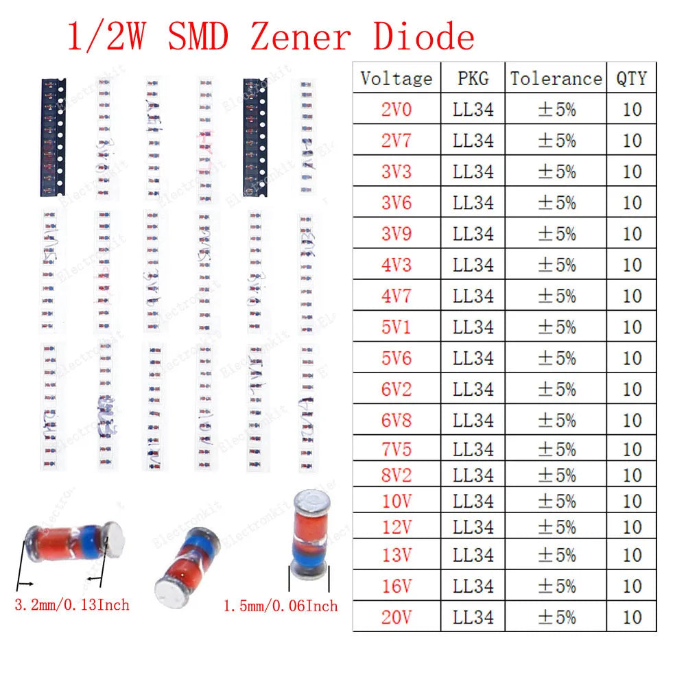Kit Surtido Diodos (Rectificador/Zener/Schottky Rápido/Switching) DIP/SMD (1N4148, 1N4007, 1N5819, FR107, etc.)