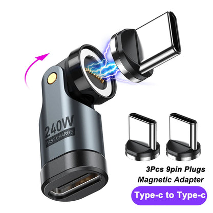 Adaptador Magnético AUFU Tipo C 9 Pines (240W Carga Rápida USB-C a Tipo C) Conector OTG para Samsung/Xiaomi/Lenovo Laptop (Pack 3 Unidades)