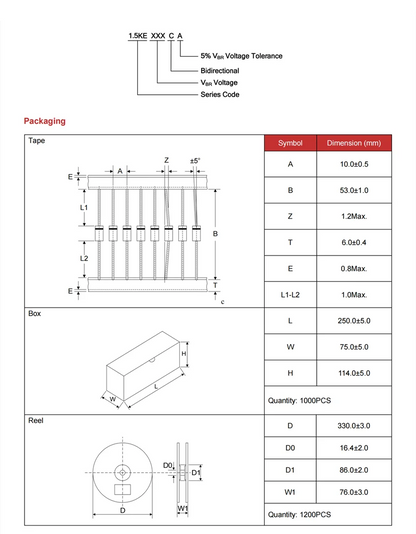 20PCS 1500W TVS Diode 1.5KE51A 1.5KE56A 1.5KE62A 1.5KE68A 1.5KE75A 1.5KE82A 1.5KE91CA 51V 56V 62V 68V 75V 82V 91V DO-201AD