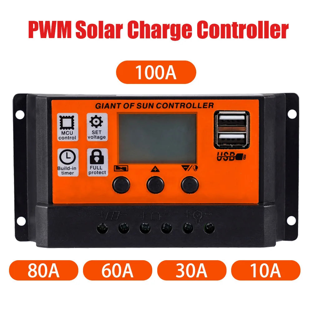 Controlador Carga Solar PWM 30A/60A/100A Auto Dual USB LCD Display 5V Regulador Batería Panel