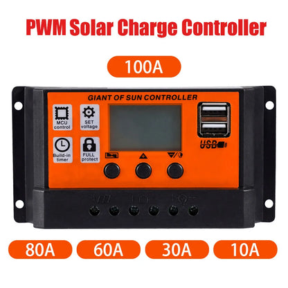 Controlador Carga Solar PWM 30A/60A/100A Auto Dual USB LCD Display 5V Regulador Batería Panel