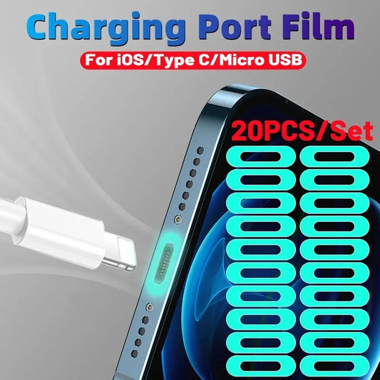 Pegatina Protectora Luminosa Fluorescente para Puerto Carga Teléfono/Tablet (iOS/Tipo C/Micro USB) Universal (5/10/20 Piezas)