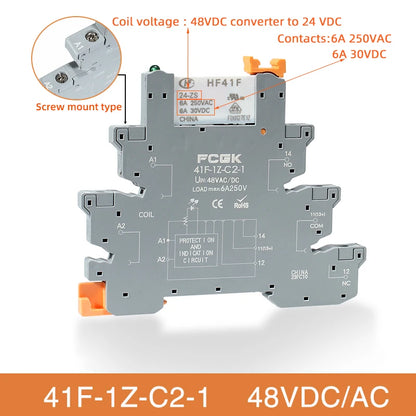 Módulo Relé Delgado DIN Rail 41F-1Z-C4-1 PCB con Socket Holder 12V/24V AC/DC / 220V AC 6.2mm