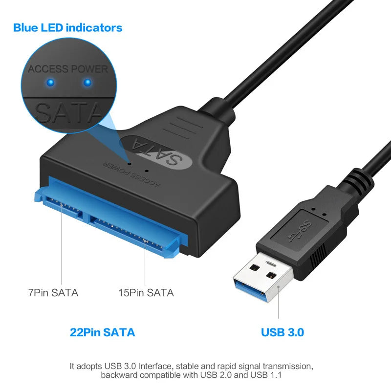 Cable Adaptador SATA III (22 Pines) a USB 3.0/2.0 (Hasta 6 Gbps) para Disco Duro HDD/SSD Externo 2.5"