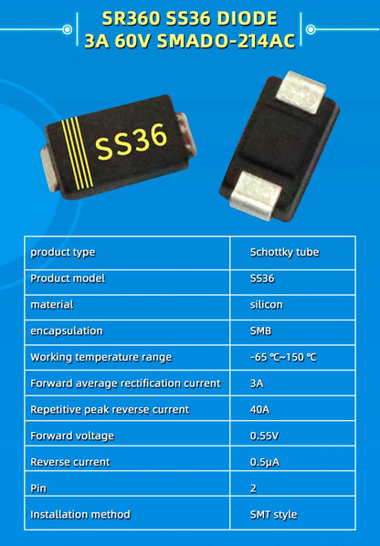 Diodo Schottky SMD (SS12/SS14/SS24/SS26/SS34/SS36/SS54/SS110/SS2200, SMA) (20 Unidades)