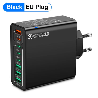 Cargador Pared USB 8 Puertos (Total 65W) Carga Rápida (PD Tipo C, QC 3.0) Adaptador para iPhone 14/15 Pro Max/Xiaomi/Samsung